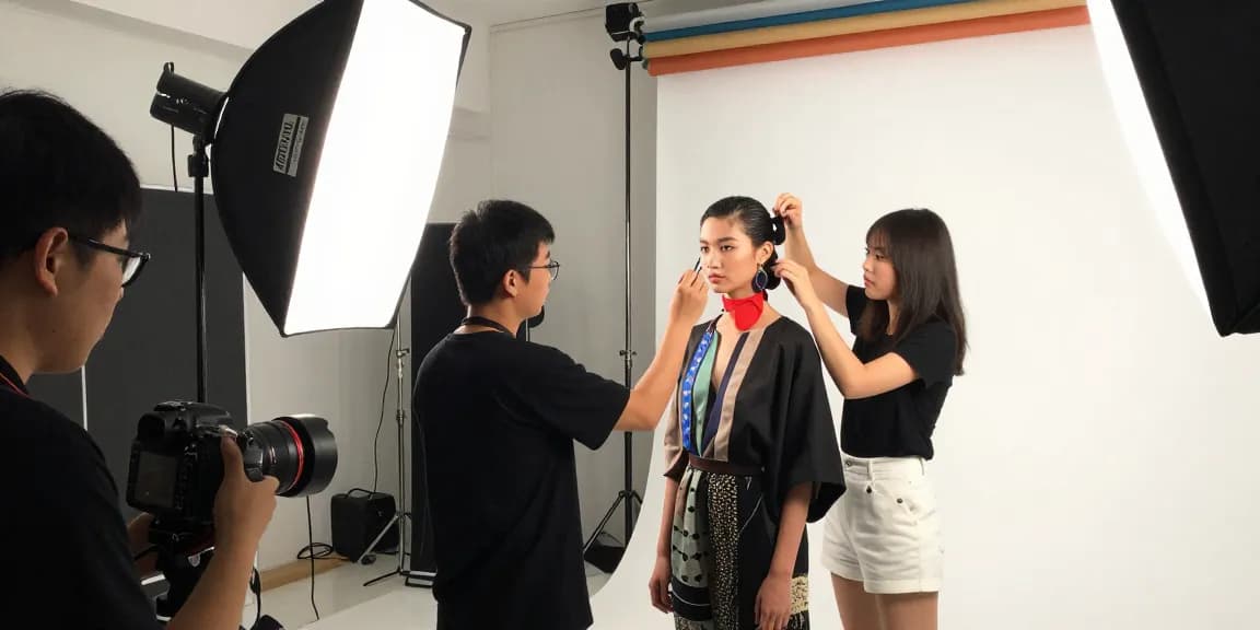 Servizi fotografici moda Milano in uno studio creativo con modello e truccatore.
