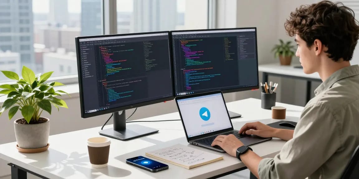 Developer coding with 纸飞机中文版 on a sleek workspace surrounded by tech gadgets, in a modern office setting.