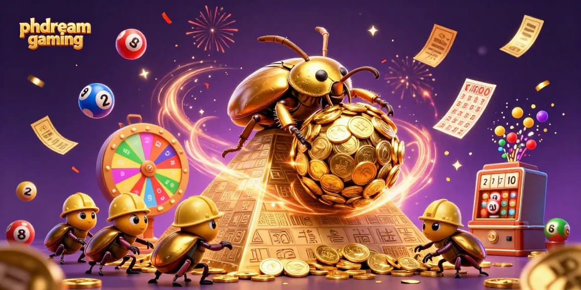 Experience phdream gaming with vibrant lottery elements and golden treasures amidst a festive casino scene.