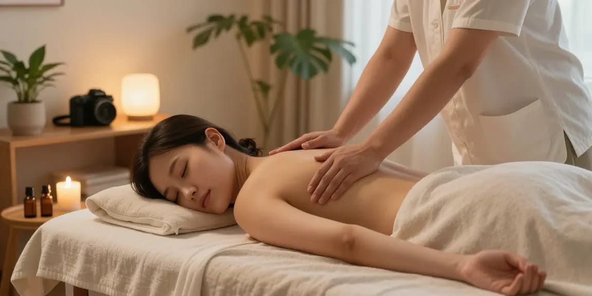 인천출장안마 중 편안하게 마사지를 받고 있는 고객의 모습과 아늑한 환경을 보여주는 이미지