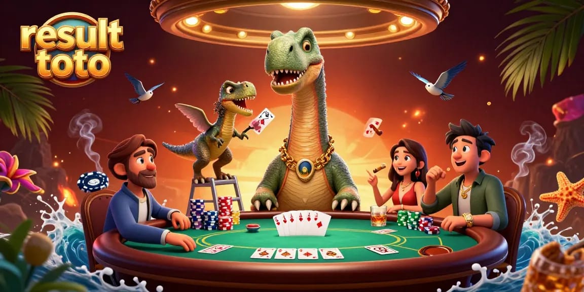 Leveraging the result toto for poker winnings: a vibrant illustration of a dinosaur-themed casino.