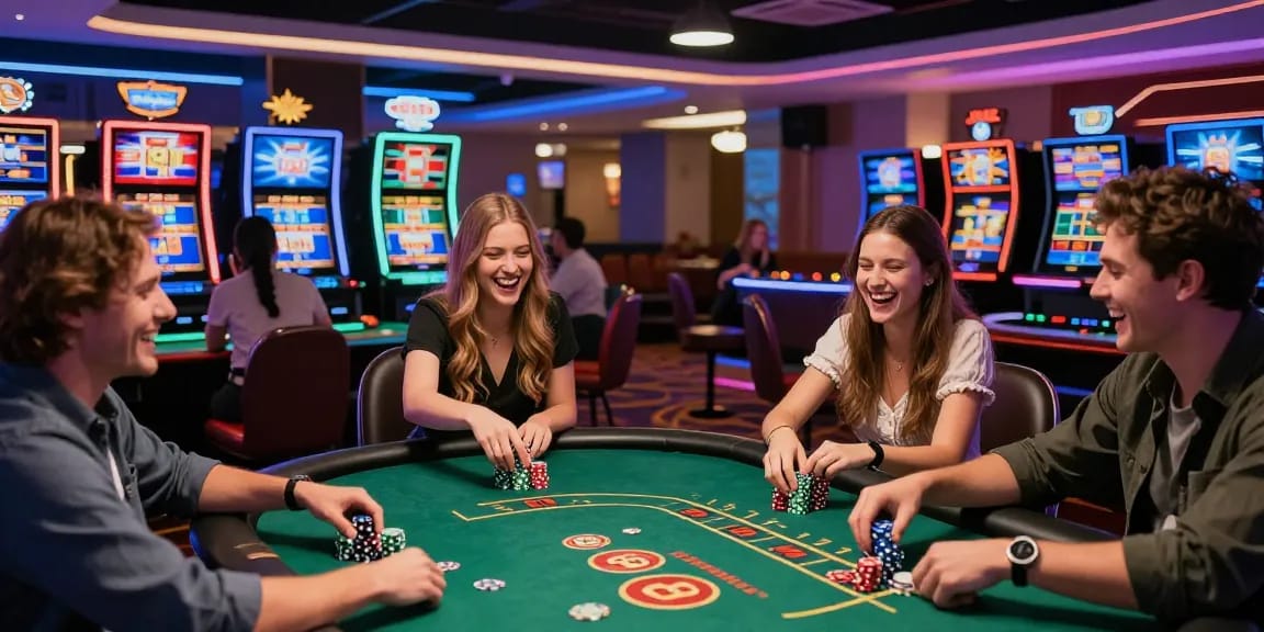Scène excitante de casino en ligne avec des amis célébrant à une table de poker au milieu d'éléments de jeu vibrants et de lumières au néon.