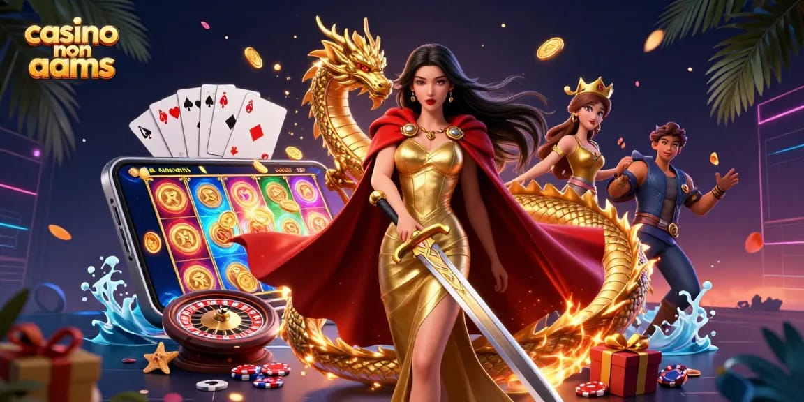 Vivi l'emozione dei casinò non aams con un'immagine di una regina guerriera e elementi di gioco.