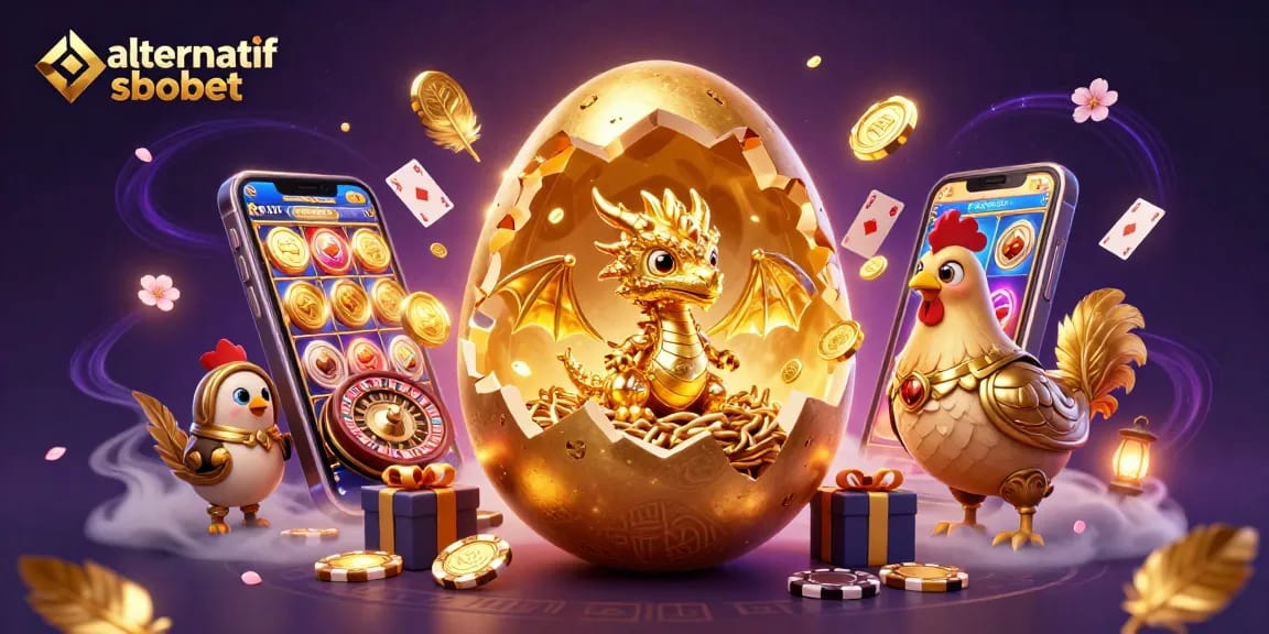 Experience thrilling gaming with alternatif sbobet featuring golden egg, dragon, and vibrant casino elements.