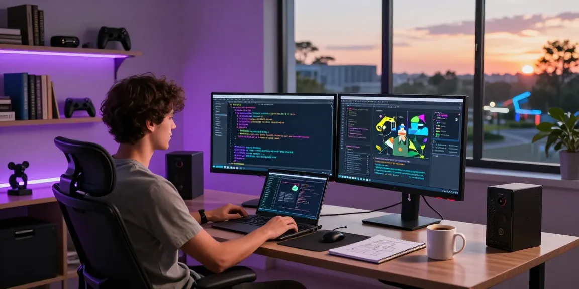 Creating innovative FiveM QBox Scripts in a modern gaming workspace with developer tools and vibrant atmosphere.