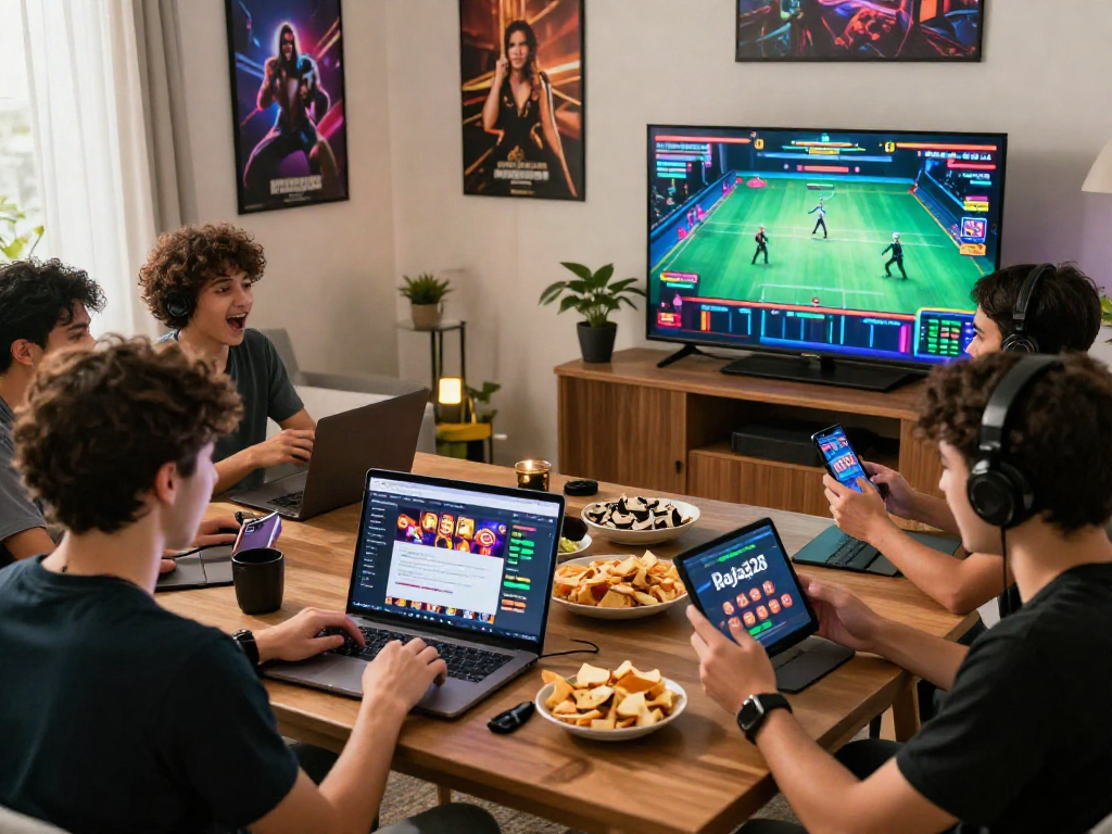 Engaging online gaming experience with link raja328, showcasing diverse players enjoying slots and live casino games in a cozy, vibrant setting.