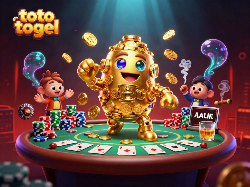 Experience the thrill of toto togel with a golden golem amidst poker action and colorful chips.