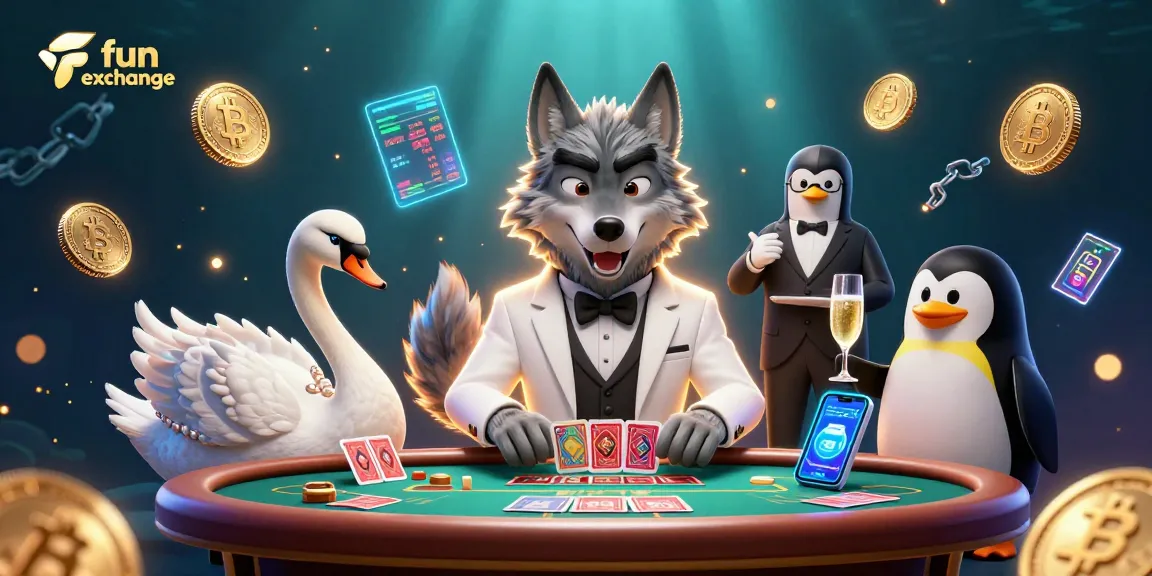 Experience thrill with fun exchange, showcasing a lively casino scene featuring diverse characters and cryptocurrency elements.
