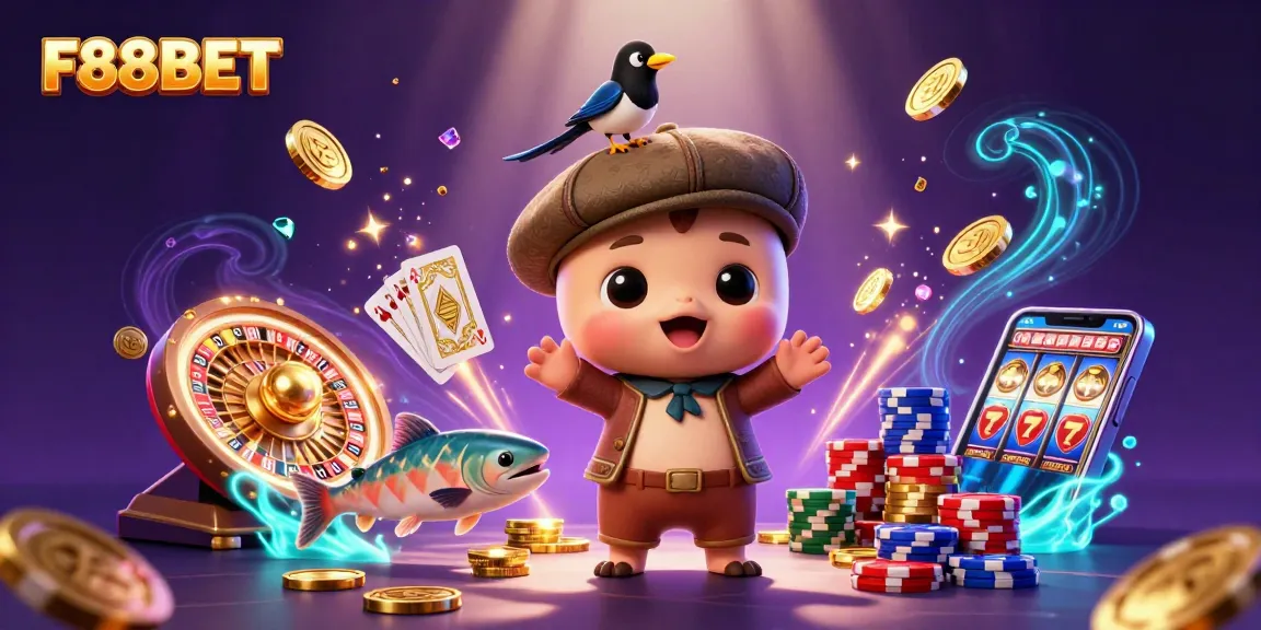 Experience the thrill of winning with F88BET, a vibrant 3D scene showcasing a cute baby Nessie amidst casino treasures.