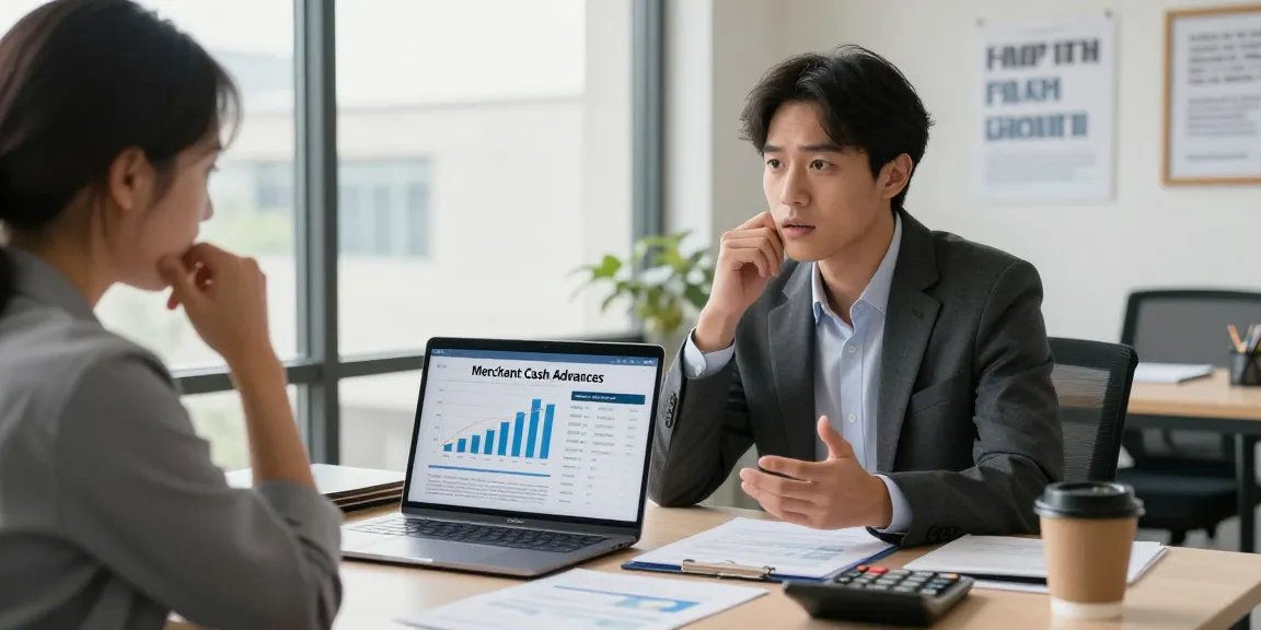 Discussion on merchant cash advances expensive costs with financial advisor and business owner in modern office setting.