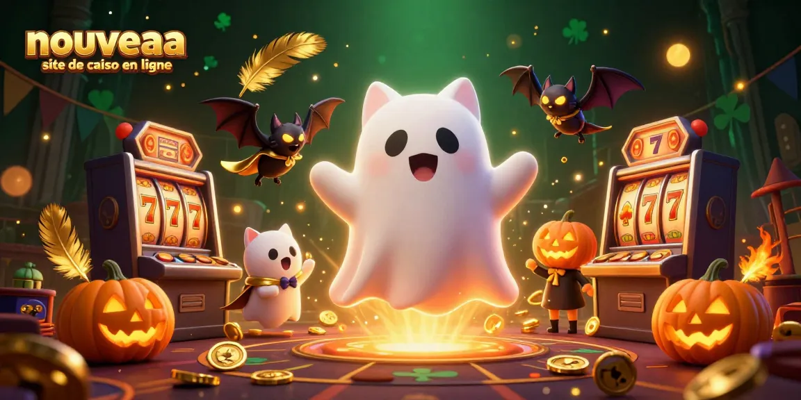 Illustration du nouveau site de casino en ligne avec un chat fantôme, une chauve-souris vampire et des éléments de jeu.