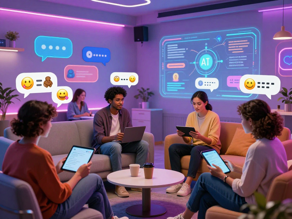 Innovative AI nsfw chat scene with diverse users engaged in dynamic conversations.