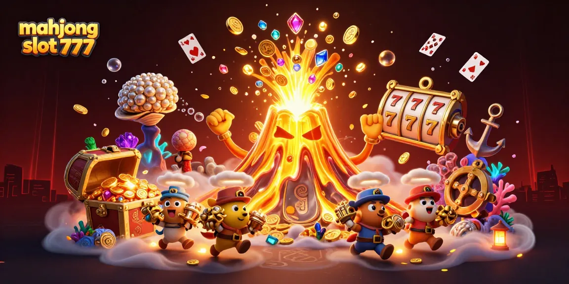 Experience winning moments with mahjong slot 777, featuring erupting volcano treasures and vibrant casino elements.