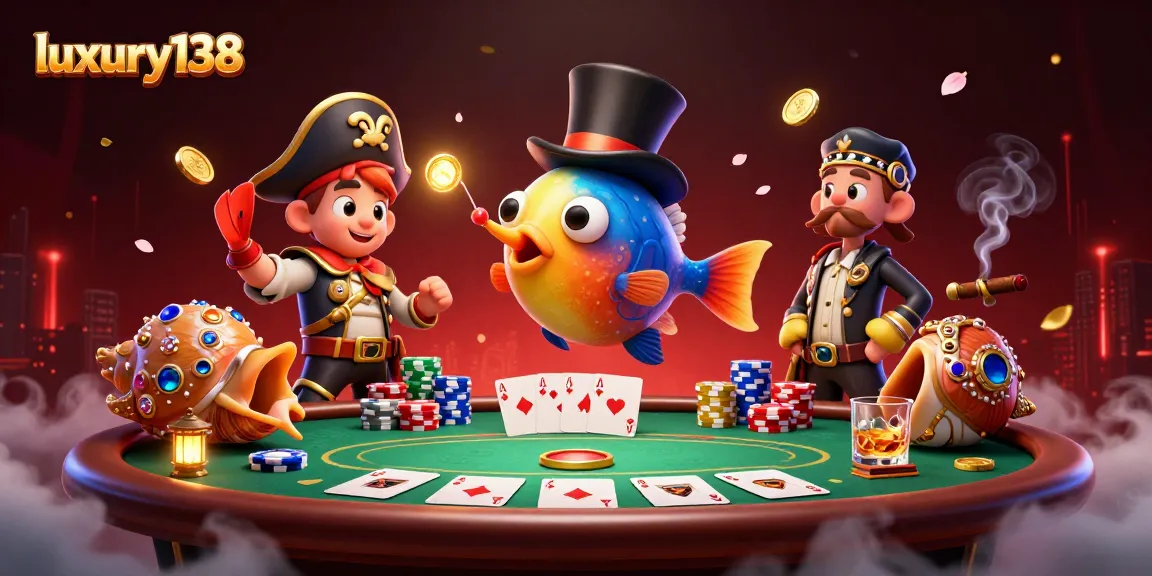 Experience luxury138's thrilling gameplay with vibrant 3D fish characters winning golden coins at the poker table.