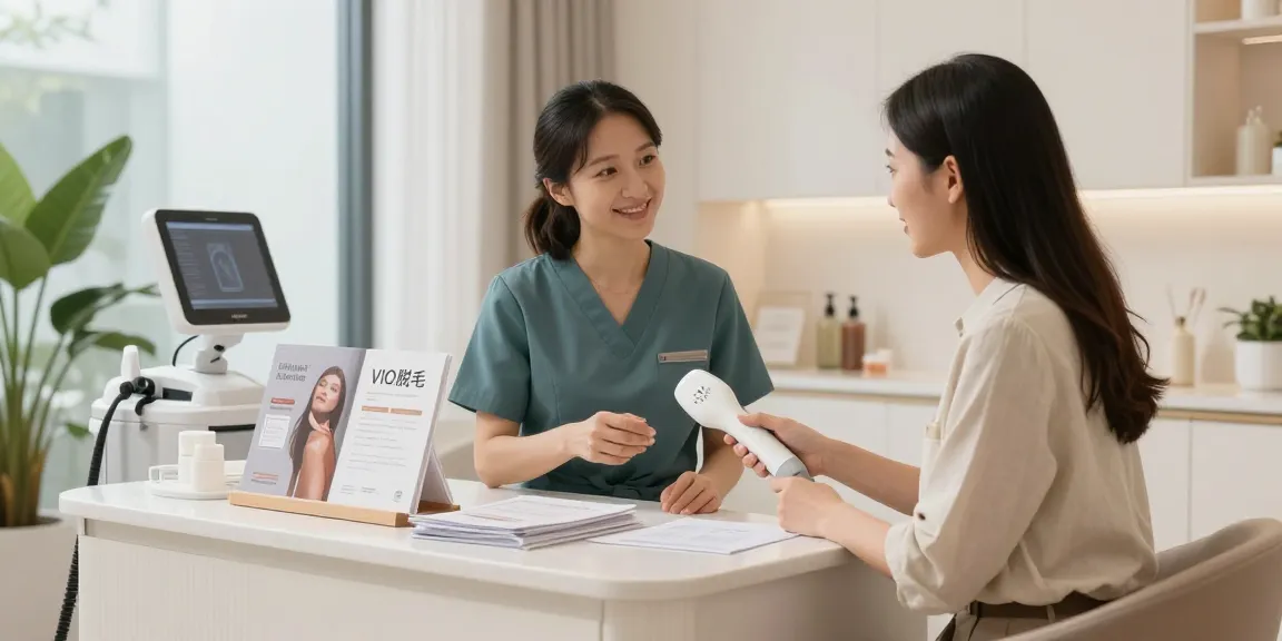 現代的な健康施設でプロのエステティシャンとVIO脱毛+クリニックについて相談している様子。