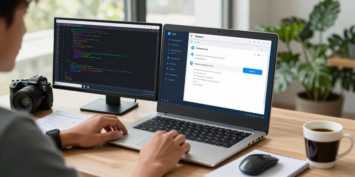 telegram china proxy setup on a laptop with dual monitors in a modern workspace