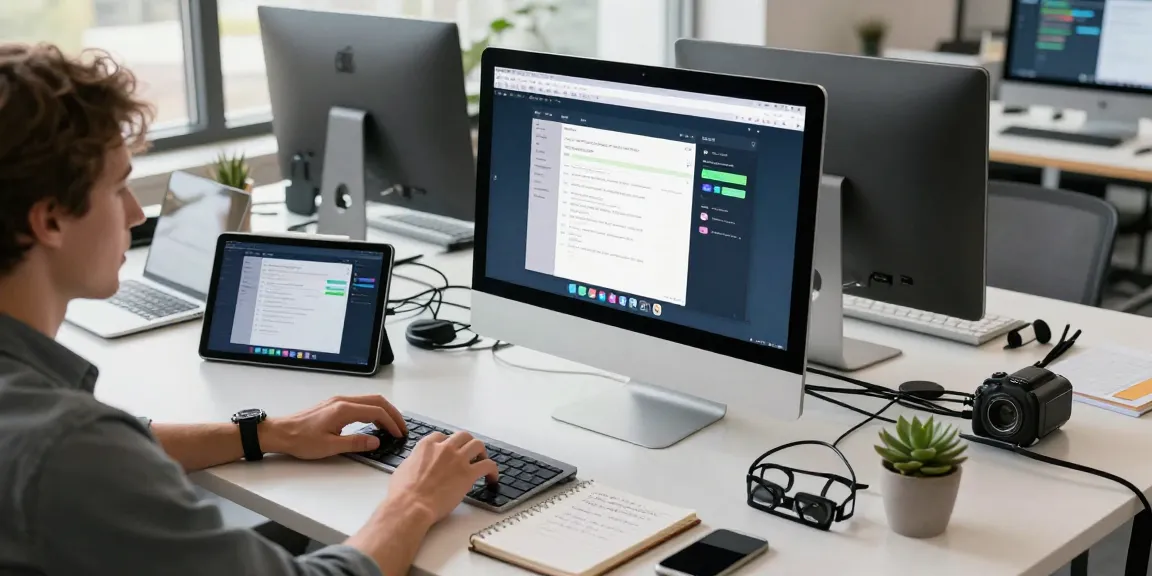 在爱思助手官网的现代办公环境中，一名用户正在使用iMac管理多款iPad，专注于高效的数据备份和应用管理。