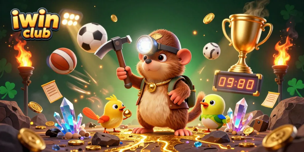 Engage with iwin club in a thrilling treasure hunt within a vibrant 3D casino scene.