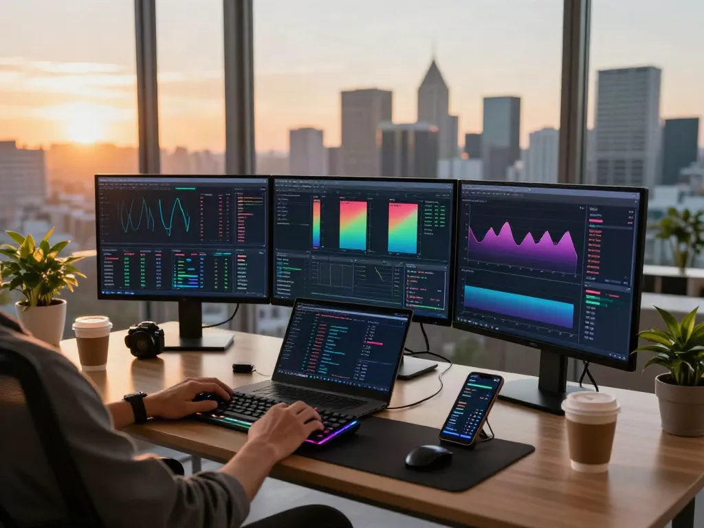 Dynamic trading workspace featuring technical indicators API with cryptocurrency interfaces and sunset views.