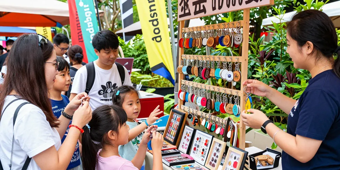 Explore personalized keychains at a lively artisan market, featuring vibrant designs and happy customers.