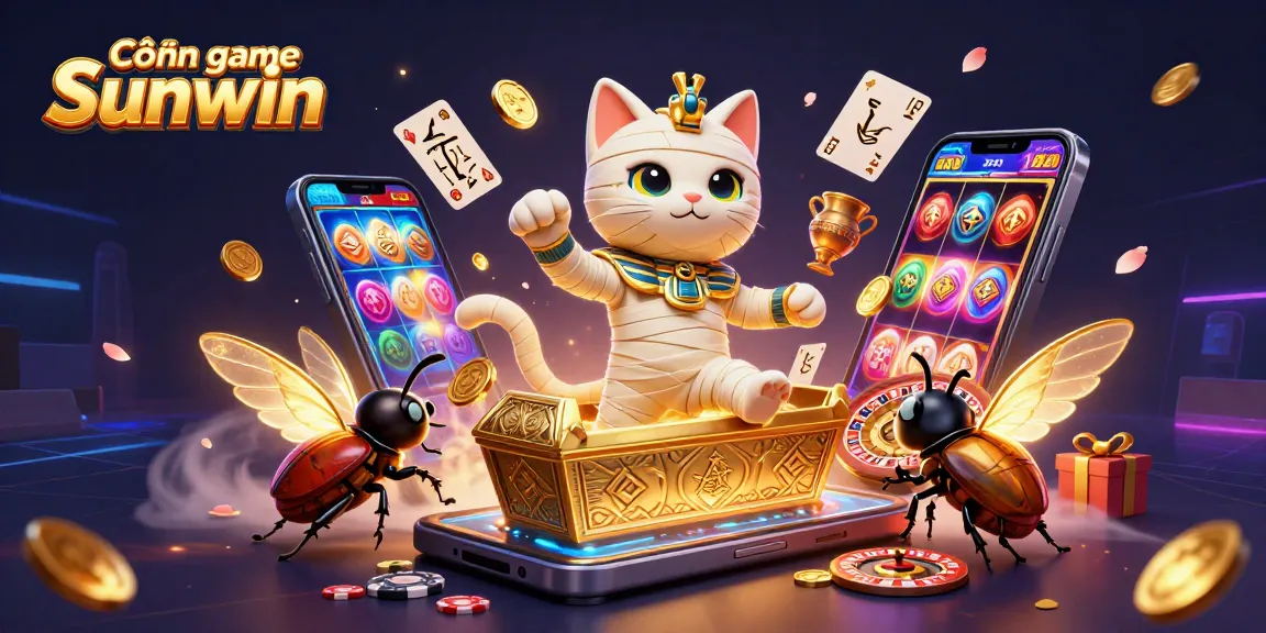 Cổng game Sunwin showcases a vibrant 3D casino scene with a mummy cat, scarab beetle, and dynamic gaming elements.