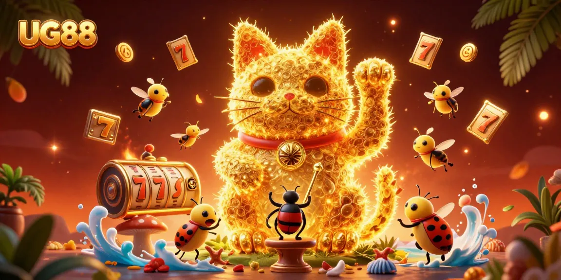 Experience exciting gameplay at UG88 with a dynamic giant lucky cat formed by golden fireflies.