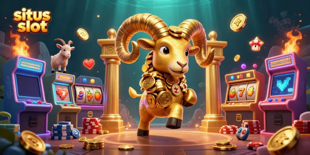 Experience excitement with situs slot featuring a dynamic scene of a golden ram and vibrant slot reels.
