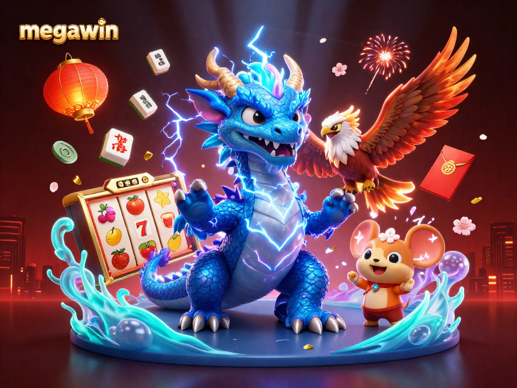 Experience a megawin with colorful slot reels, festive symbols, and dynamic characters!