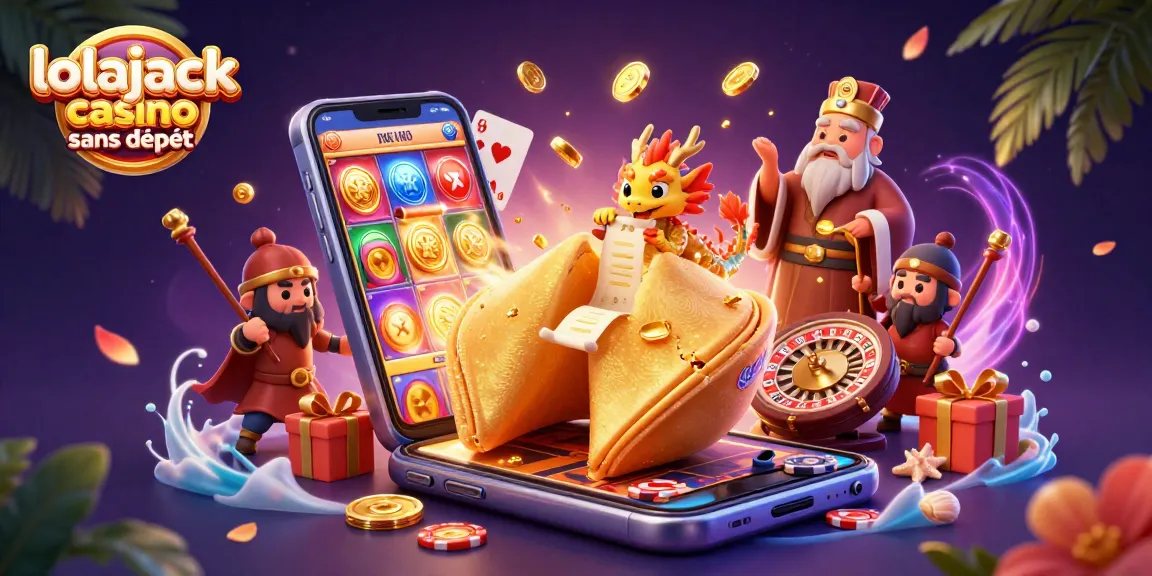 Engaging illustration of lolajack casino sans dépôt showcasing a magical scene with a golden fortune cookie and gaming elements.