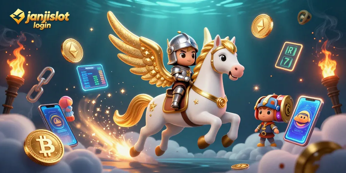 Win with janjislot login in a vibrant 3D casino scene filled with cryptocurrency elements.