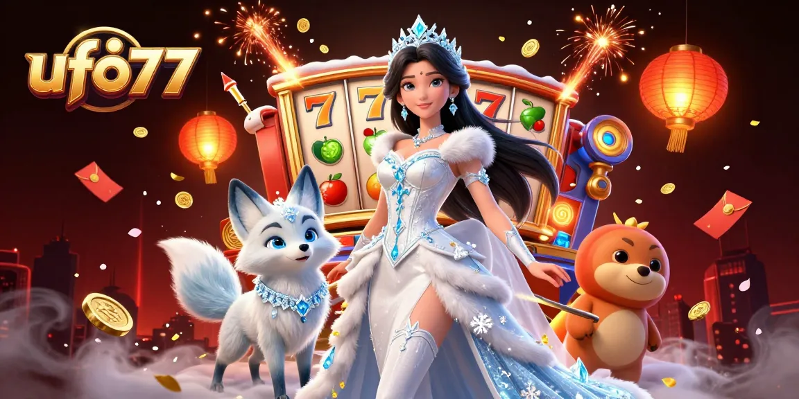 Experience the excitement of ufo77 with a captivating scene of a winter queen amidst dynamic slot-themed elements.