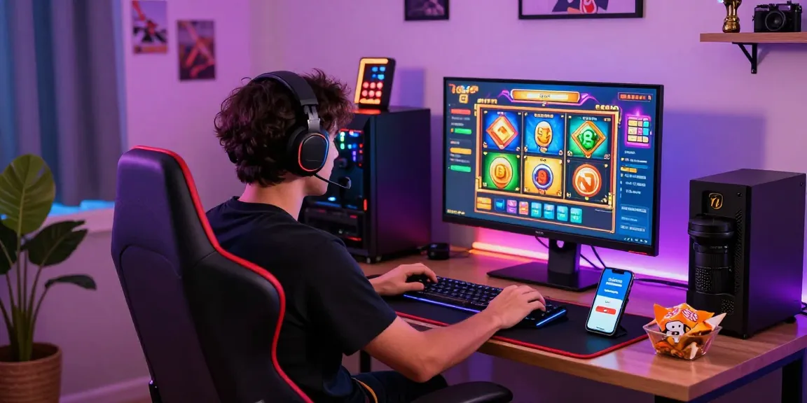 Deposit pulsa tanpa potongan gaming setup with player immersed in slot game