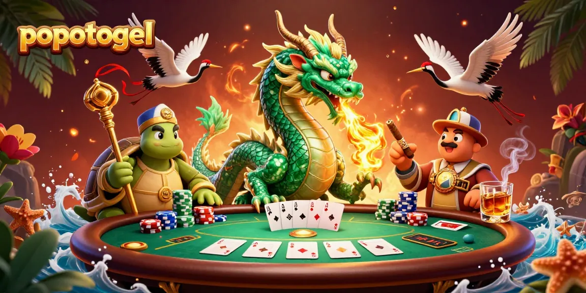 Engage with popotogel's vibrant illustration featuring a jade dragon and cartoon characters amidst a lively poker scene.