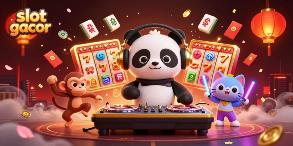 Experience slot gacor action with a lively DJ panda and dancing characters in a vibrant casino scene.