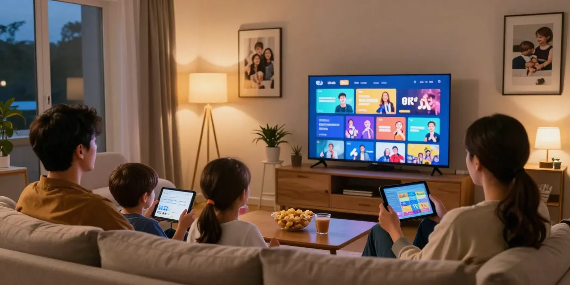Famille profitant de l'abonnement IPTV en Belgique dans un salon confortable avec télévision et collations.
