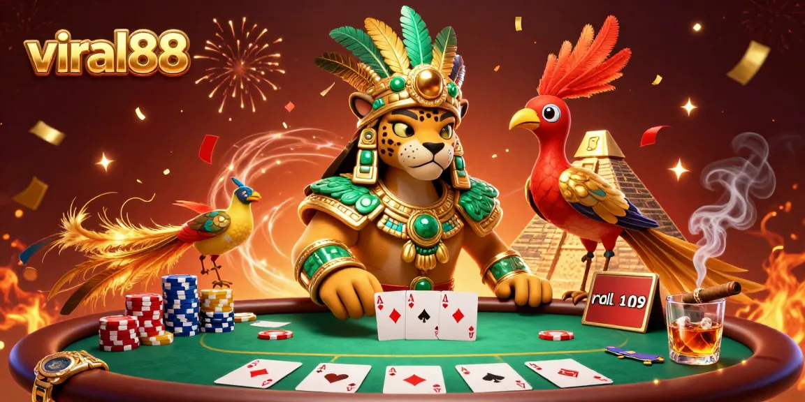 Compete for big wins at viral88 with a vibrant poker scene featuring a Mayan priest and dynamic casino elements.