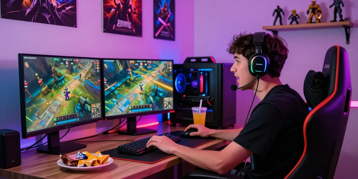 Pengguna santoto4d sedang bermain game online seru di rumah, dikelilingi peralatan gaming yang modern dan poster permainan.