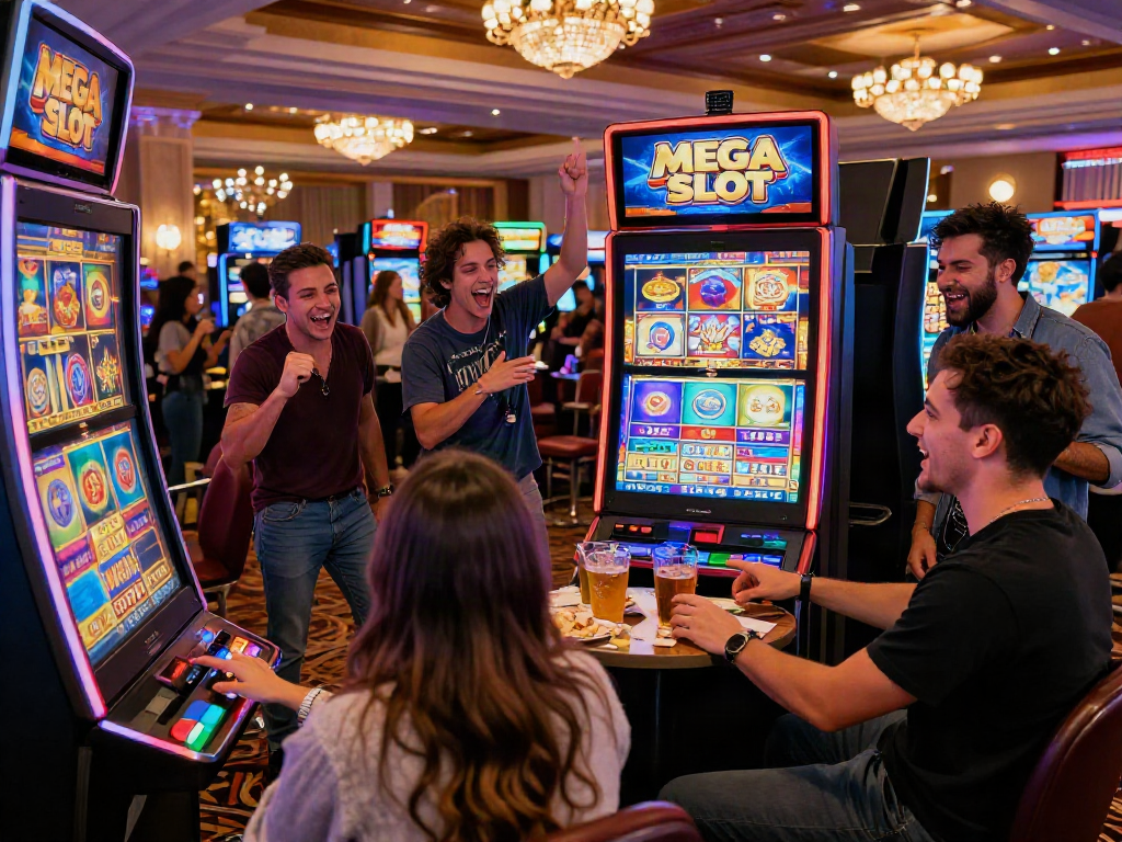Friends celebrating at a MEGA SLOT machine in a lively casino environment.