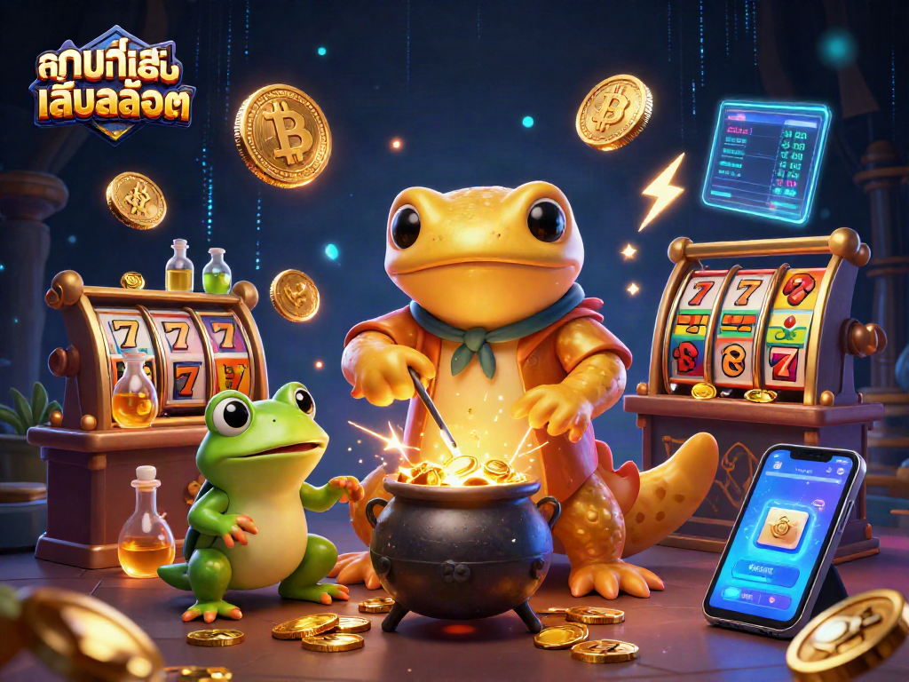Engage with ทดลองเล่นสล็อต through a vibrant scene of a gold-transmuting alchemist and crypto symbols.