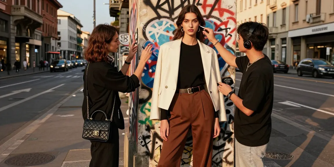 Services photographiques mode Milano avec un modèle posant dans un décor urbain vibrant à Milan.