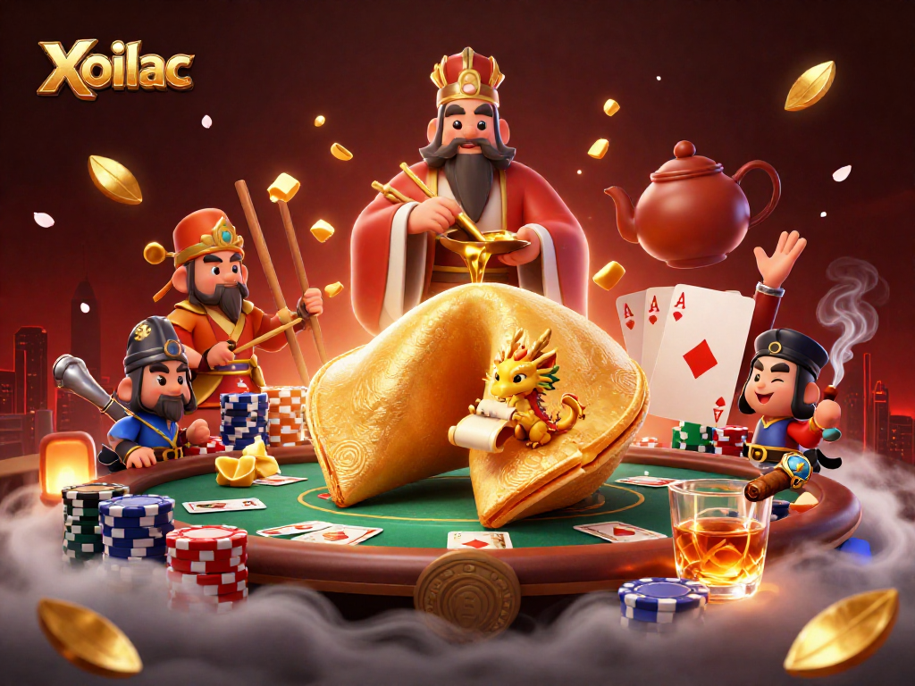 Xoilac illuminates a vibrant casino scene with a dragon and a golden fortune cookie