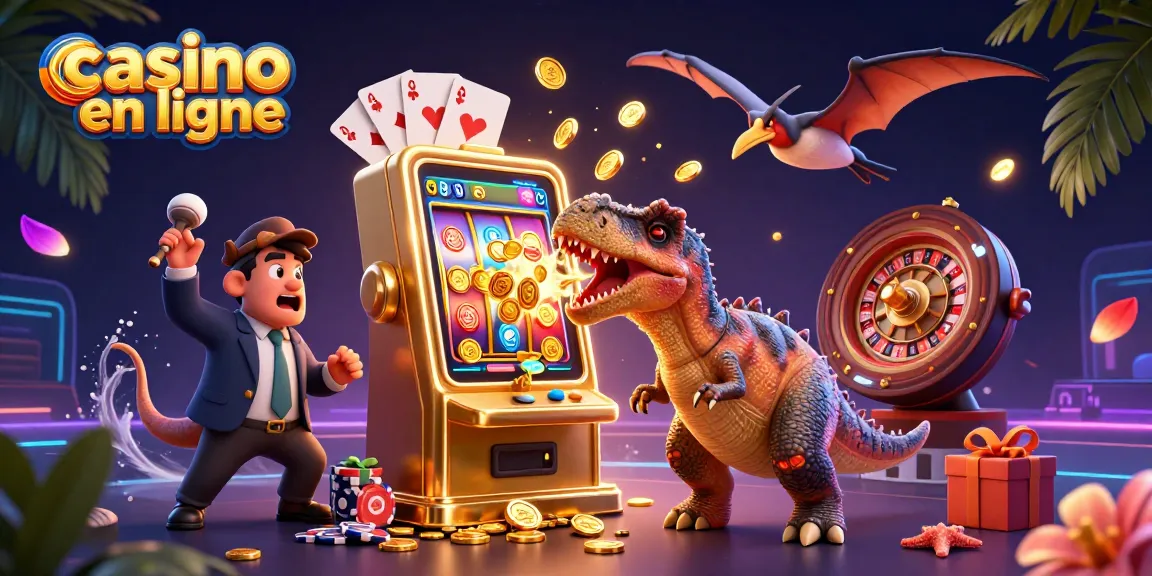 Jackpot explosif au casino en ligne avec des dinosaures, machines à sous, et des pièces d'or volantes.