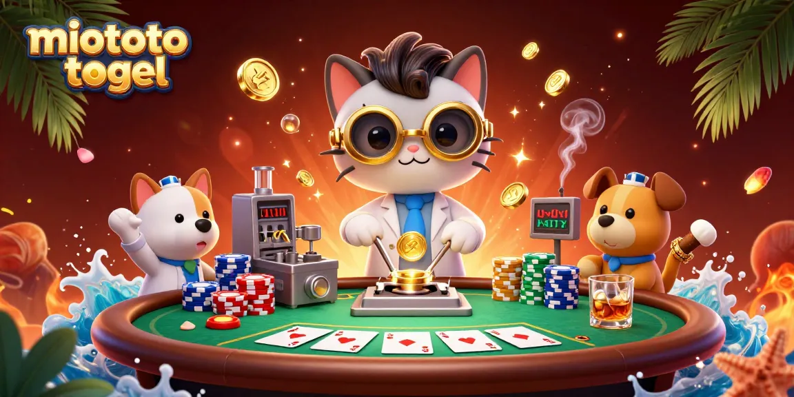 Engage in miototo togel with thrilling 3D cartoon illustration of a mad scientist cat and dog playing cards.