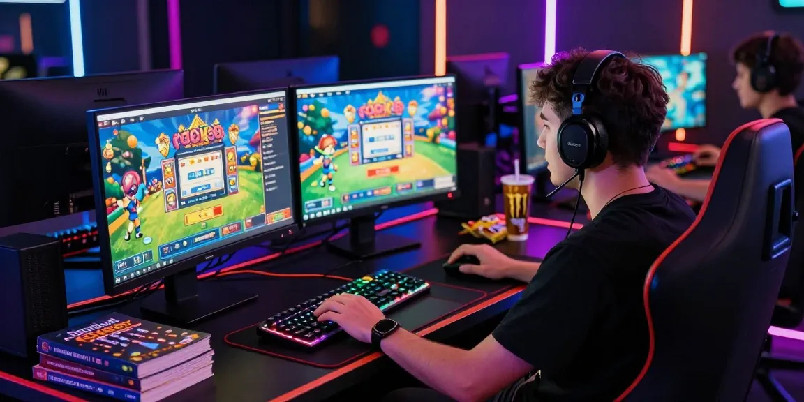 Gamer using rokok88 slot login on dual monitors in a stylish gaming setup.
