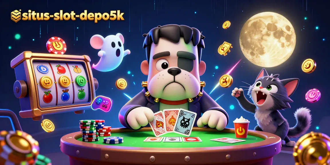 Engage with situs-slot-depo5k as Frankenstein bulldog deals cards at a casino-themed scene.