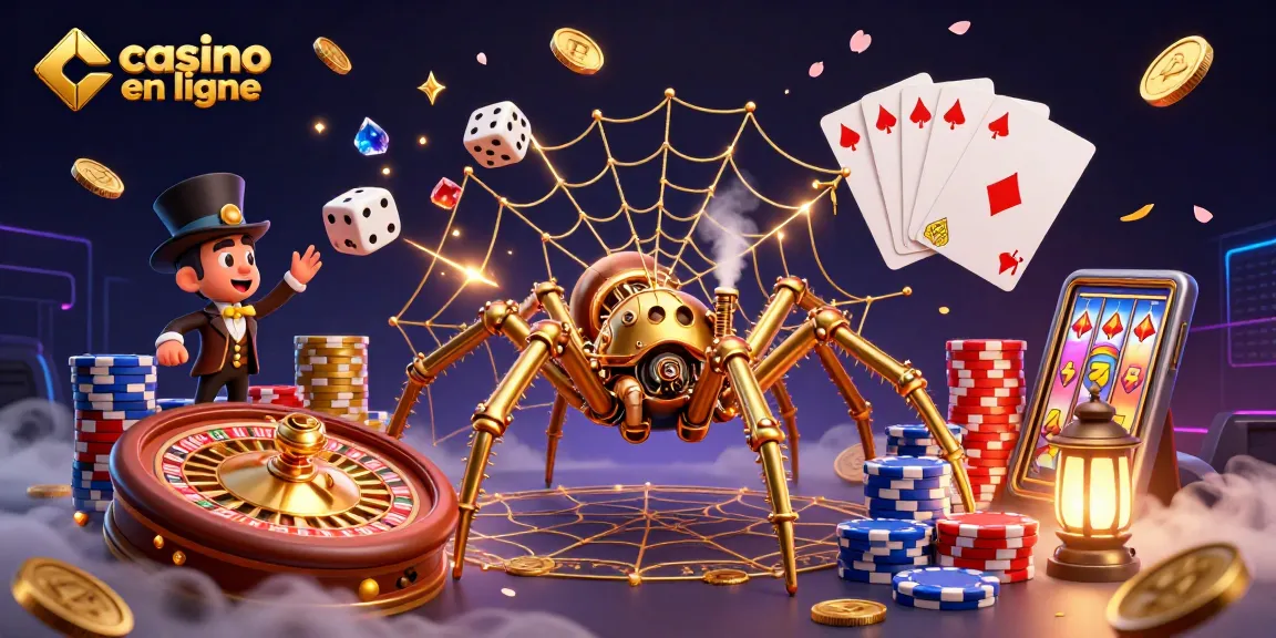 Jeu captivant au casino en ligne avec des éléments passionnants comme une araignée steampunk dorée et des gains étincelants.