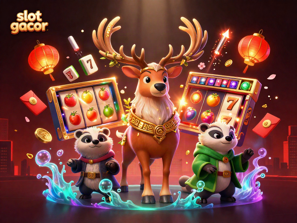 Spin the slot gacor reels with magical creatures and festive symbols in this vibrant illustration.