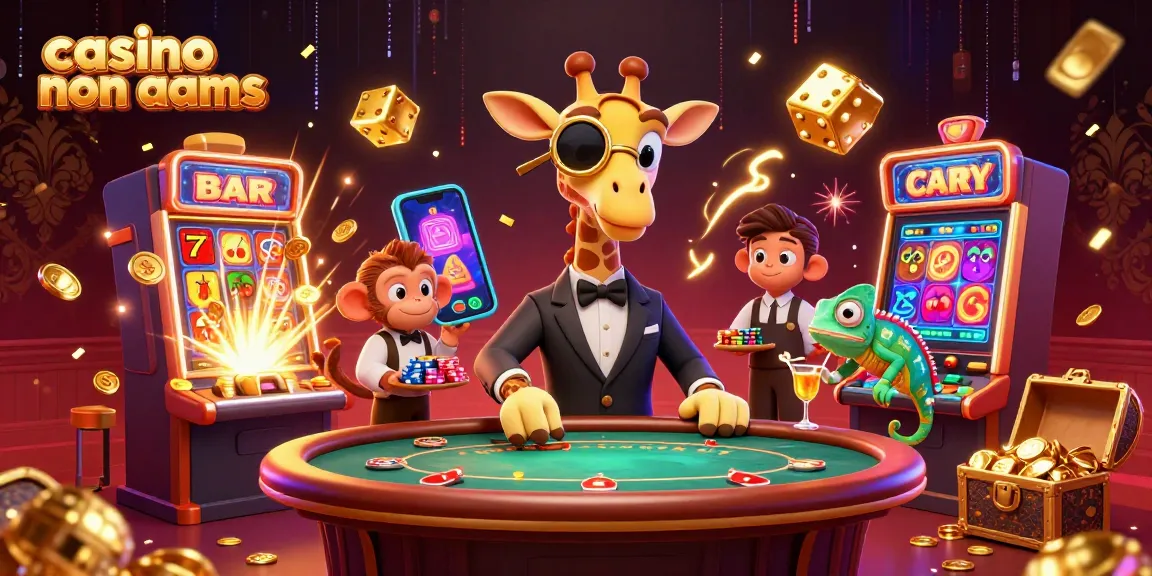 Scena coinvolgente che illustra i casino non aams con un giocatore alto come una giraffa e elementi vivaci del casinò.