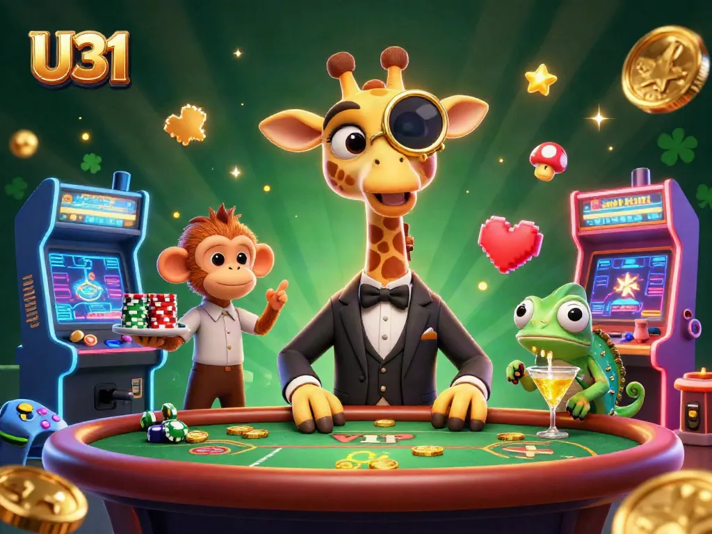 Experience thrilling gameplay with U31 as a high-roller giraffe and friends at the casino.