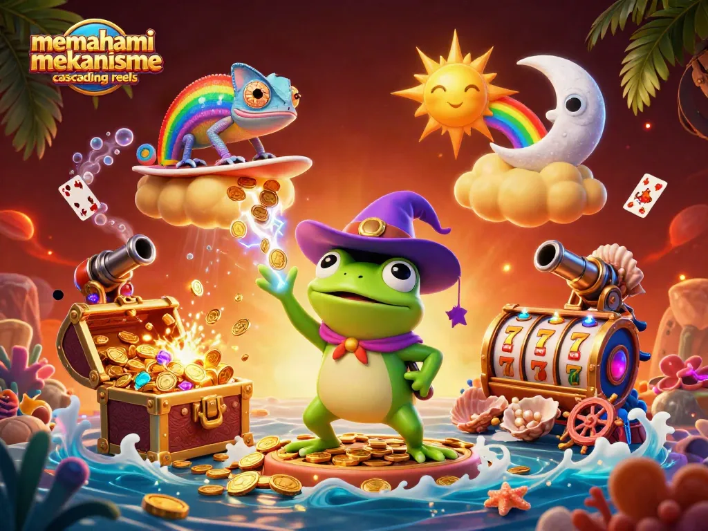 Memahami mekanisme cascading reels dalam slot dengan gambar karakter 3D ajaib yang menghasilkan koin emas.